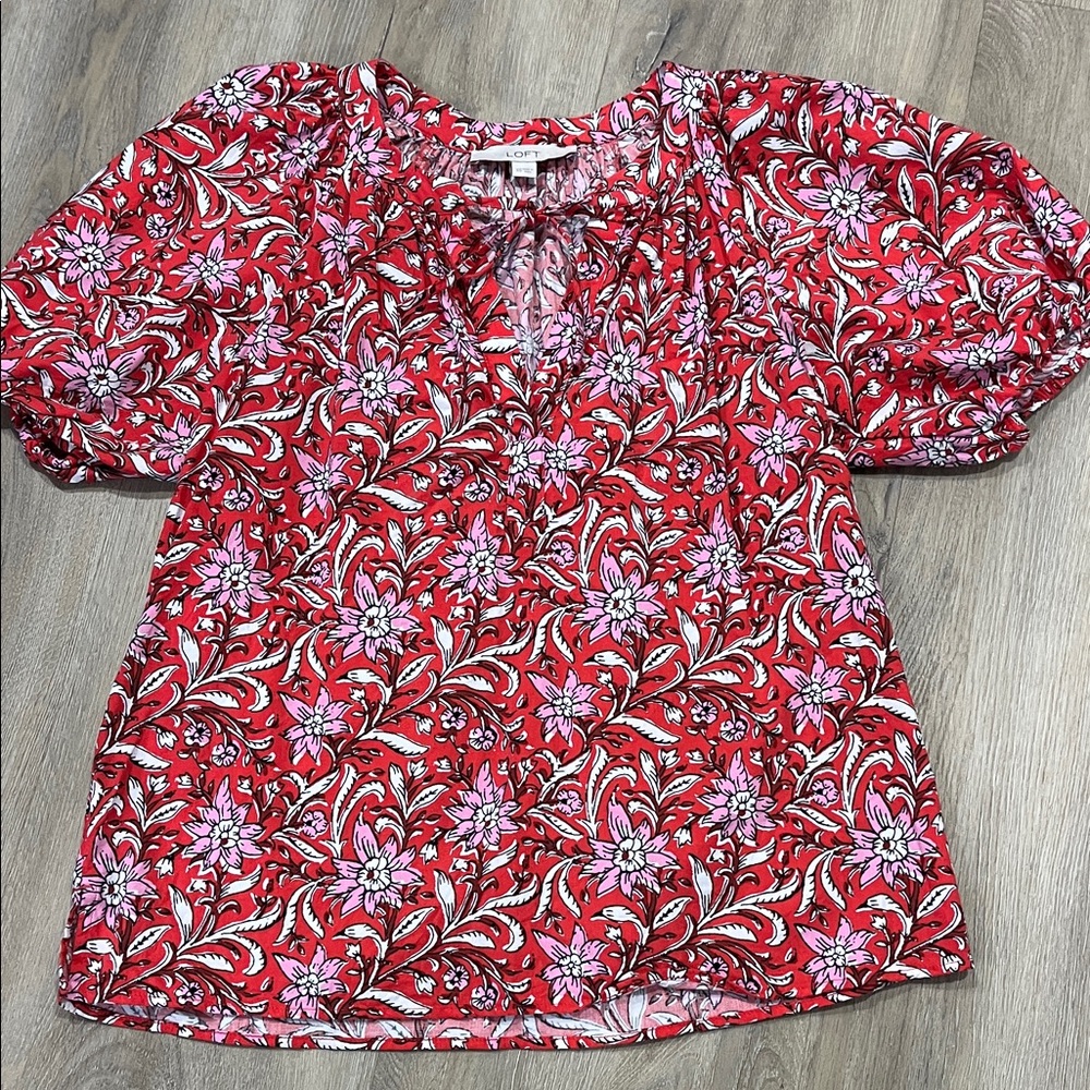 LOFT Red and Pink Floral Blouse